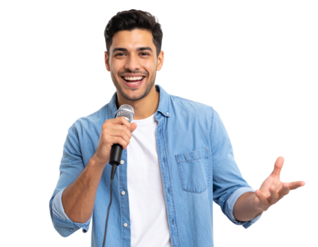 Young Man Singing Karaoke Holding Microphone, Front View, Isolated PNG