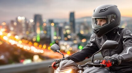 Motorcyclist on Road: A determined motorcyclist, clad in protective gear, navigates a winding road, the city lights shimmering in the twilight. This image captures the essence of freedom, adventure.