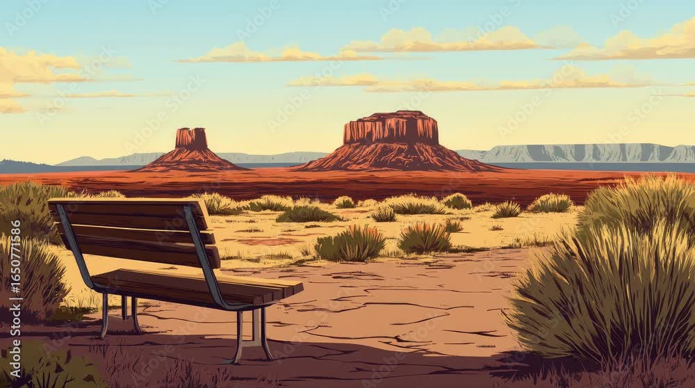 Wall mural a view of a bench with a view of buttes in the afternoon. 4k animated video.