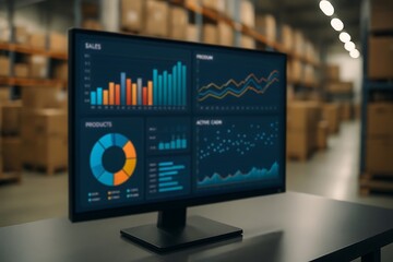 Monitor displays data dashboards in a warehouse, creating a visual of supply chain analytics.