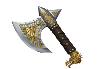 Detailed fantasy-style battle axe with dragon motif and intricate gold and silver engravings