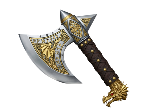 Detailed fantasy-style battle axe with dragon motif and intricate gold and silver engravings