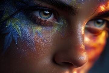 Close-up of a Woman's Eyes with Cosmic Face Paint and Mystical Aura