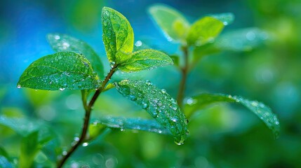 Close-up of vibrant green leaves covered in dew drops