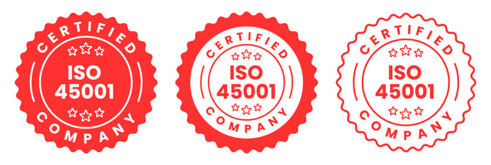 ISO 45001 Certified Company Stamp Badge Seal, Label Quality Assurance Compliance Mark for Occupational Health and Safety Management Standard Certification Vector Illustration on Transparent Background