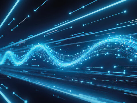 A futuristic background of glowing light blue and green lines, data particles flowing in the air. Streaming data. Data Flow	
 - Powered by Adobe