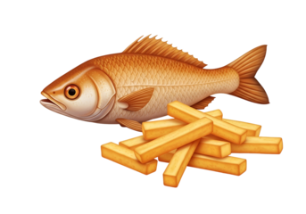 Digital rendering of a realistic fish model with french fry-like objects on black background