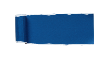 Rectangular deep corporate blue paper with jagged torn edges, subtly textured, flat lay on plain white background with ample copy space, soft high-key studio lighting, concept of innovation