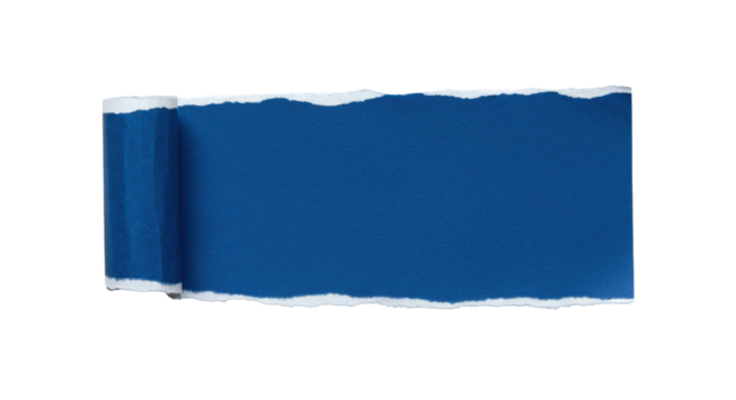 Rectangular deep corporate blue paper with jagged torn edges, subtly textured, flat lay on plain white background with ample copy space, soft high-key studio lighting, concept of innovation