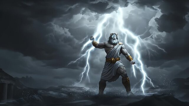 Zeus, God of Thunder, unleashing lightning in a stormy, mythical landscape video