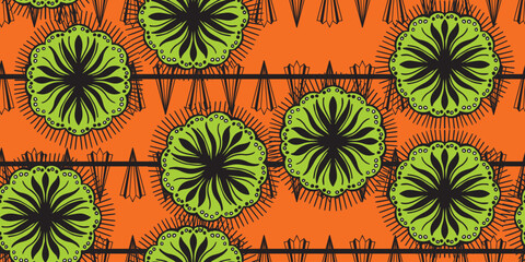 African ethnic traditional orange pattern. seamless beautiful Kitenge, chitenge style. fashion design in colorful. Geometric circle abstract motif. Green floral Ankara prints, African wax prints.