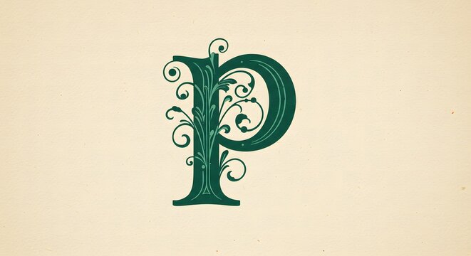 Elegant initial letter P in an ornate, vintage style with intricate green floral flourishes. Decorative calligraphic alphabet for typography.