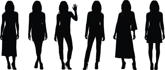 Fashion silhouette set of six diverse female poses, trendy clothing styles, body language illustration, black vector figures on white background, minimal design © Shafik Creatives