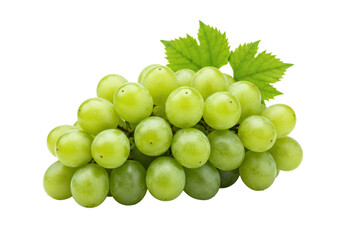 Obraz premium Vibrant green grapes with fresh leaves, glistening dew drops, plump and flawless, isolated on a transparent background with abundant copy space, concept of natural freshness and health
