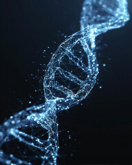 A futuristic 3D rendering of a DNA double helix, visualized as a glowing blue digital plexus network.
