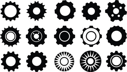 Collection of black gear icons, mechanical cogwheel shapes, industrial wheels vector, engineering tools set, circular gears design, flat silhouettes