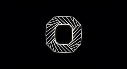 Elegant geometric logo design of a complex wireframe letter O or number zero. Abstract optical illusion symbol of infinity and structure, isolated on a black background.