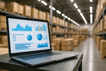 Laptop displays data analytics in a modern warehouse environment conveying operational insights