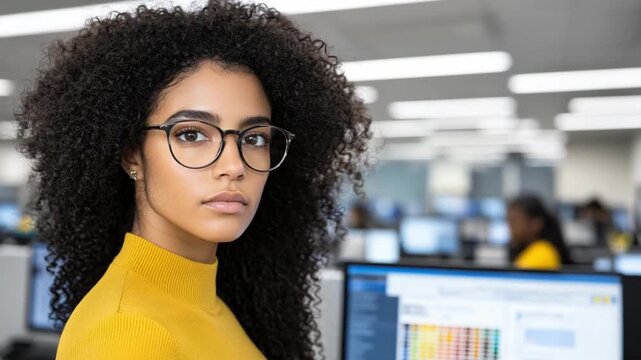Focused Confidence: A portrait of a confident individual, radiating professional prowess. In the backdrop, a modern office environment hints at collaboration and technological integration.