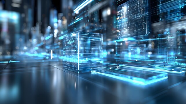 Hyper-realistic 3D digital background with cool blue neon, glossy glass, liquid metal, and holographic AI data visualization for technology media.