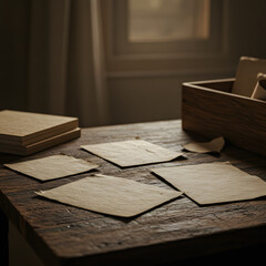 A rustic wooden table with scattered paper sheets, a stack of paper, and a wooden box nearby