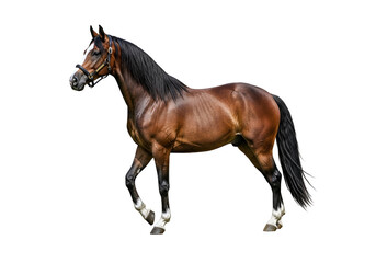 Naklejka premium Elegant brown horse with black mane and tail standing on a black background in a full profile view