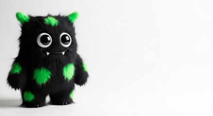 Fototapeta premium Cute furry green and black monster with big eyes. White background with copy space. Halloween mascot for party invitation.