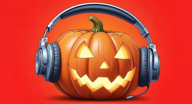 A jack o lantern with headphones on a red background ready for a halloween party with music and fun - Powered by Adobe
