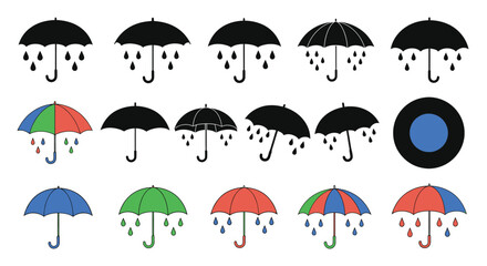 Fototapeta premium Vector art of collection of colorful umbrellas with rain drops in different styles and designs