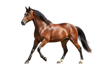 Obraz premium Elegant Brown Thoroughbred Horse Running on Black Background with Dynamic Pose and Shine