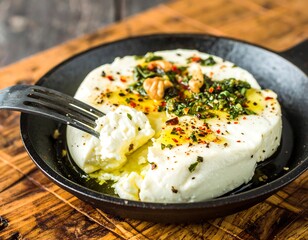 Baked Feta Cheese with Herbs Olive Oil and Chili Flakes in a Pan.