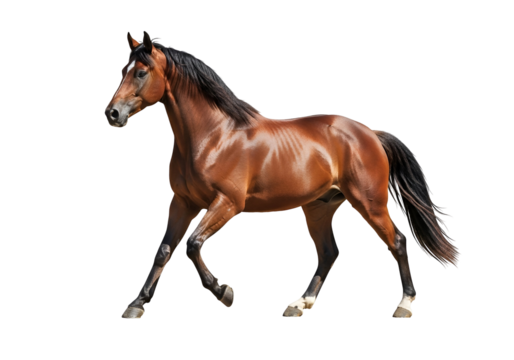 Elegant Brown Thoroughbred Horse Running on Black Background with Dynamic Pose and Shine - Powered by Adobe