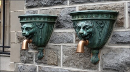 Two ornate, teal-green, cat-headed water fountains on a stone wall