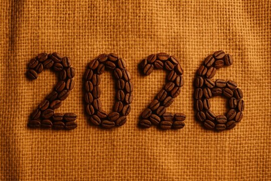 2026 made with coffee beans on burlap, warm rustic background—perfect for cafe branding, calendars, menus, and holiday posts.