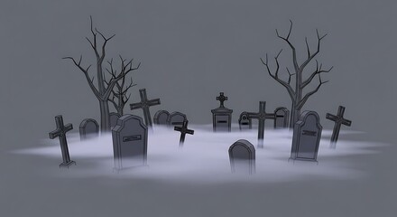 A spooky graveyard scene with tombstones crosses and bare trees shrouded in a thick layer of eerie fog