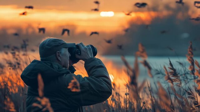 Elderly man wearing a cap using binoculars to watch birds flying at sunset near a lake.