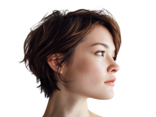 Woman with short pixie haircut brunette hair style beauty portrait side view fashion model hairstyle trend 2024