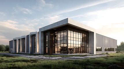 Modern Concrete Building Exterior with Glass Facade and Green Grass Field