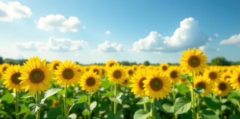 Obraz premium Field of bright yellow sunflowers standing tall, sunflowers, flowers