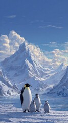 Snowy landscape with penguins