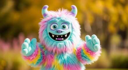 Naklejka premium Cute colorful fluffy monster for Halloween costume party. Funny cartoon creature for kid event. Adorable bigfoot character ready for holiday celebration.