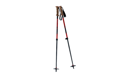 Sleek black ski poles with red accents and brown handles stand in pristine snow on a vast mountain slope, sunlit peaks, soft bokeh, concept of winter adventure