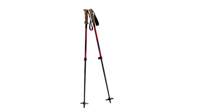 Sleek black ski poles with red accents and brown handles stand in pristine snow on a vast mountain slope, sunlit peaks, soft bokeh, concept of winter adventure - Powered by Adobe