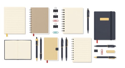 Assortment of Notebooks, Pens, and Stationery on White Background