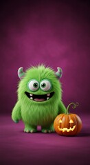 Adorable green cute monster with big eyes and furry texture next to a carved Halloween jack-o-lantern pumpkin. Playful character for party.