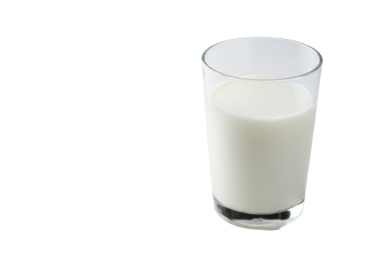 A clear glass tumbler filled with transparent milk, smooth surface, sharp contours, high-key lighting in a transparent studio with copy space. Concept of wholesome nutrition and purity