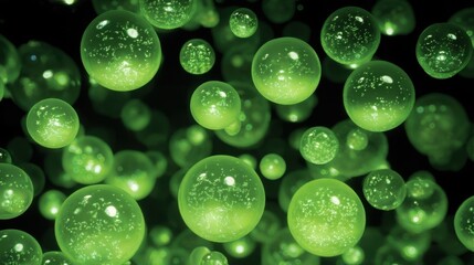 Numerous translucent green spheres scattered across a dark backdrop with varying sizes and sparkling particles inside,