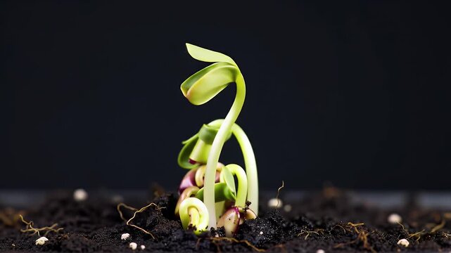 Green Sprouts Emerge From Dark Soil In A Macro View Of Growth Life Cycle On A Black Background