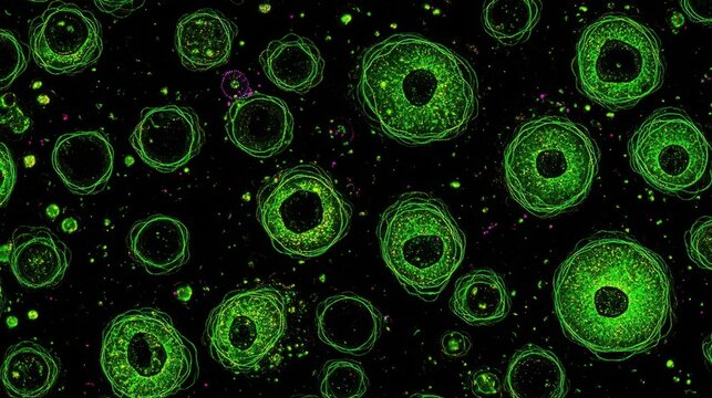 Fluorescent microscopy of neurons with green cell bodies and nuclei, pink organelles scattered,