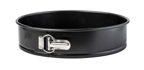 Round baking tray with detachable springform buckle on white background